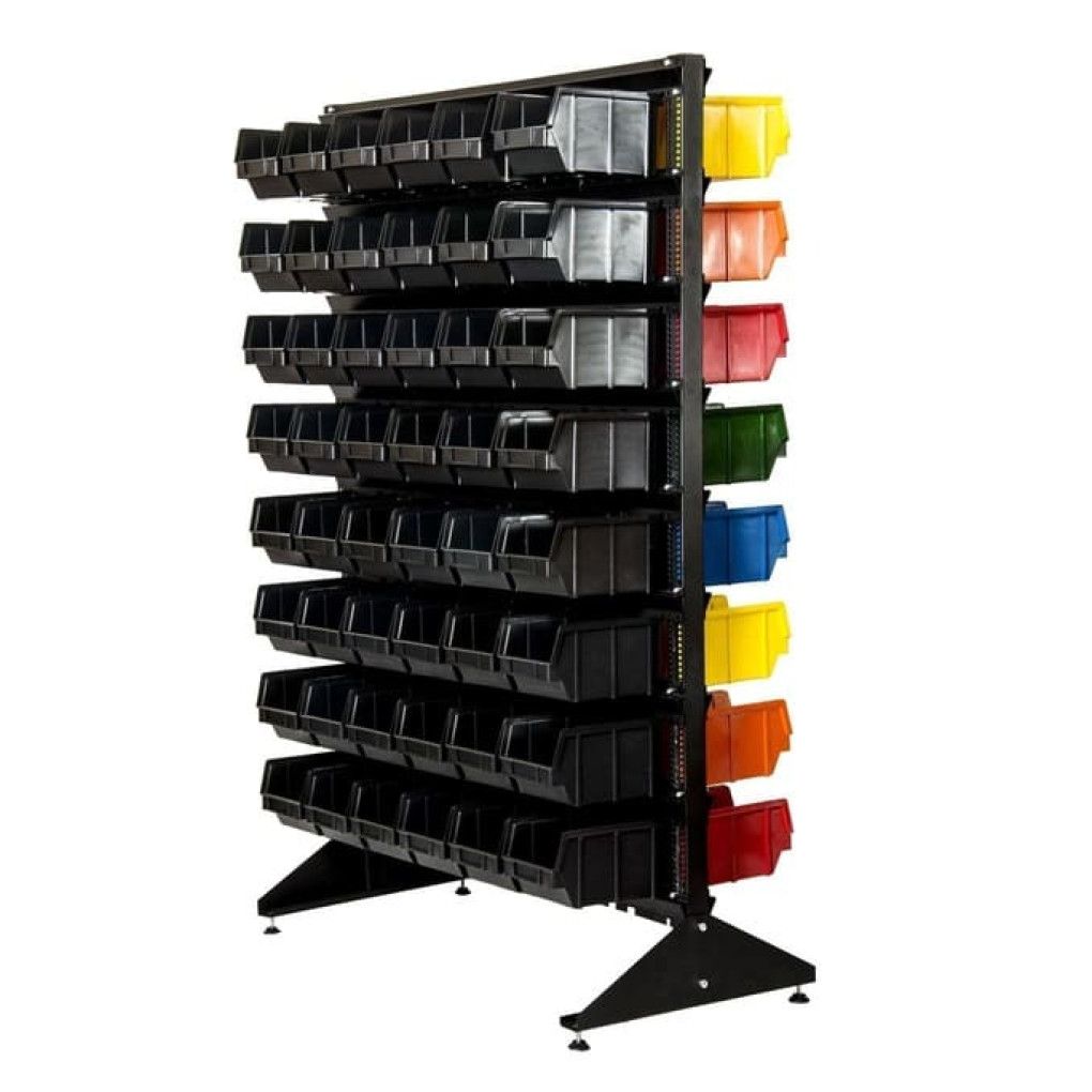 Стеллаж двусторонний для склада + 96 пластиковых ящика