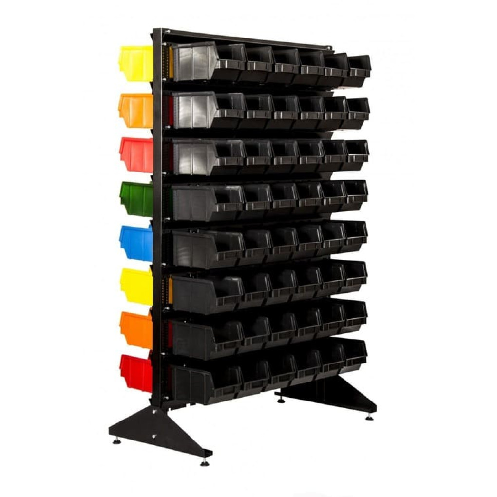 Стеллаж двусторонний для склада + 96 пластиковых ящика