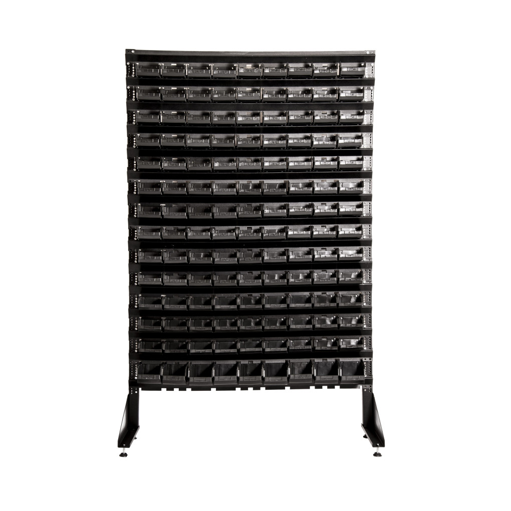 Стелаж для металовиробів на 126 чорних ящиків