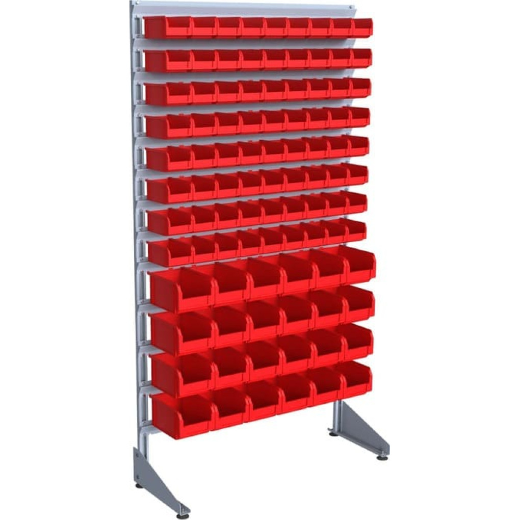 Стойка с платиковыми боксами для склада на 96 шт