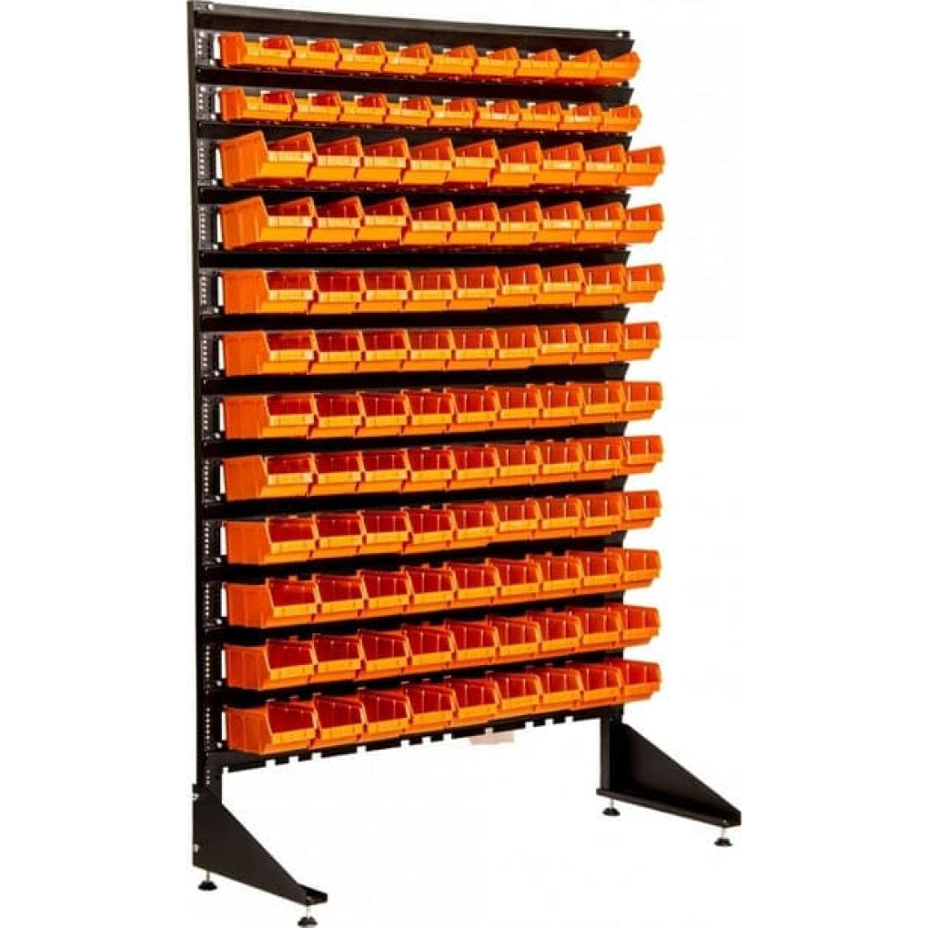 Стелаж з пластиковими боксами для металовиробів - 108 лотків