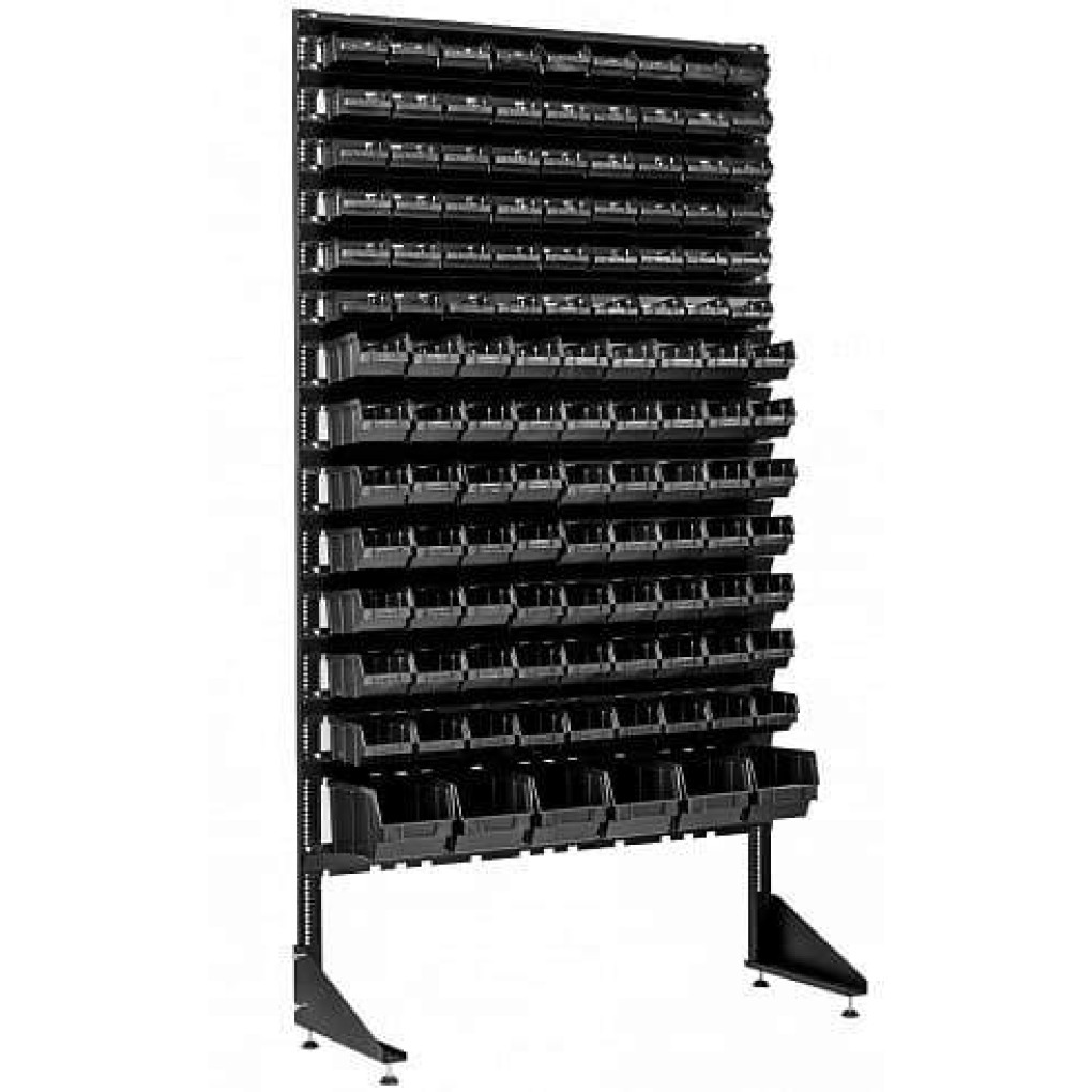 Складський стелаж з пластиковими ящиками для металовиробів - 123 лотки