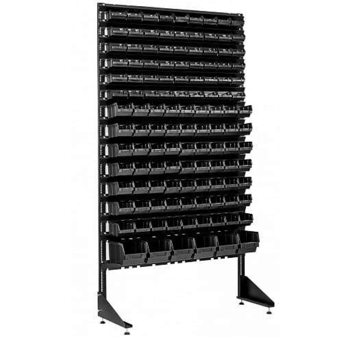 Складський стелаж з пластиковими ящиками для металовиробів - 123 лотки